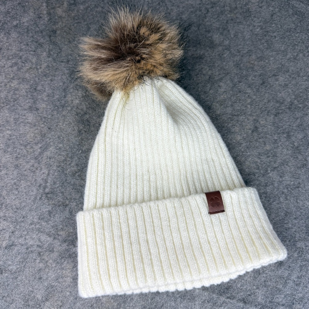 Lucky Brand Solid Knit Beanie Hat Cream Acrylic Ribbed Cuff Winter Unisex Puff